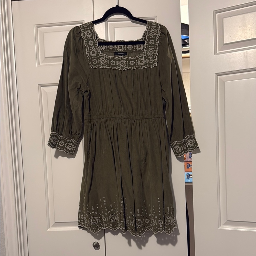 Madewell Corduroy Olive Green Dress with Eyelet Trim